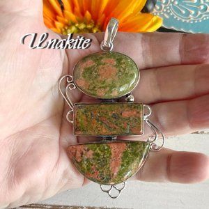 Unakite Pendant Huge Handmade Crystal Gemstone 925 Silver Bohemian Ethnic New!
